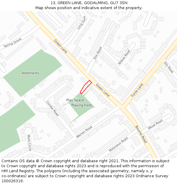 13, GREEN LANE, GODALMING, GU7 3SN: Location map and indicative extent of plot