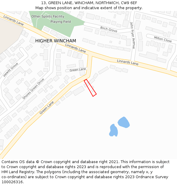 13, GREEN LANE, WINCHAM, NORTHWICH, CW9 6EF: Location map and indicative extent of plot