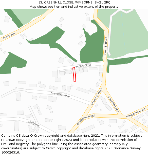 13, GREENHILL CLOSE, WIMBORNE, BH21 2RQ: Location map and indicative extent of plot