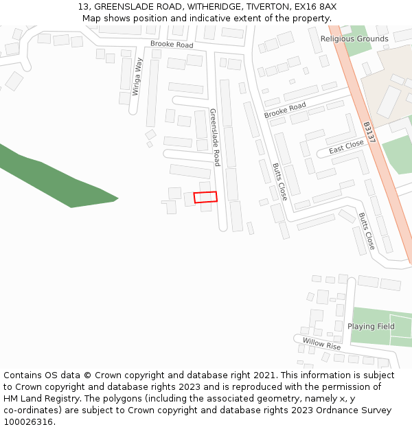 13, GREENSLADE ROAD, WITHERIDGE, TIVERTON, EX16 8AX: Location map and indicative extent of plot