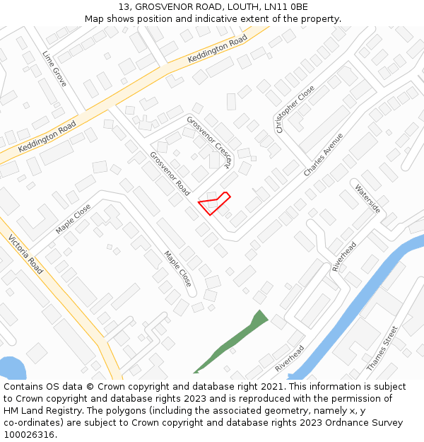 13, GROSVENOR ROAD, LOUTH, LN11 0BE: Location map and indicative extent of plot