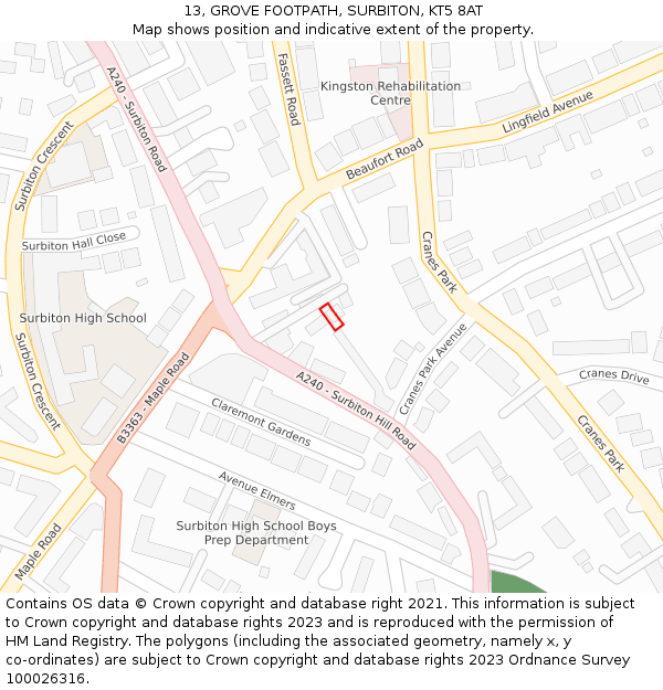 13, GROVE FOOTPATH, SURBITON, KT5 8AT: Location map and indicative extent of plot