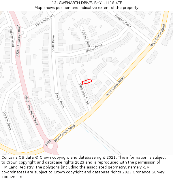 13, GWENARTH DRIVE, RHYL, LL18 4TE: Location map and indicative extent of plot