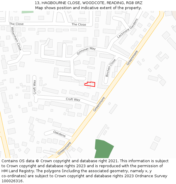 13, HAGBOURNE CLOSE, WOODCOTE, READING, RG8 0RZ: Location map and indicative extent of plot