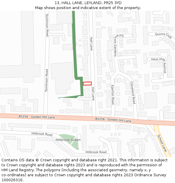 13, HALL LANE, LEYLAND, PR25 3YD: Location map and indicative extent of plot