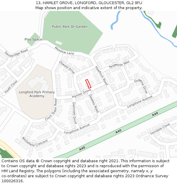 13, HAMLET GROVE, LONGFORD, GLOUCESTER, GL2 9FU: Location map and indicative extent of plot