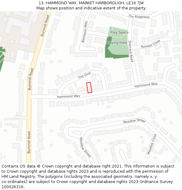 13, HAMMOND WAY, MARKET HARBOROUGH, LE16 7JW: Location map and indicative extent of plot