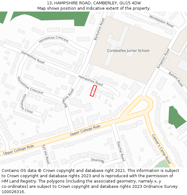 13, HAMPSHIRE ROAD, CAMBERLEY, GU15 4DW: Location map and indicative extent of plot