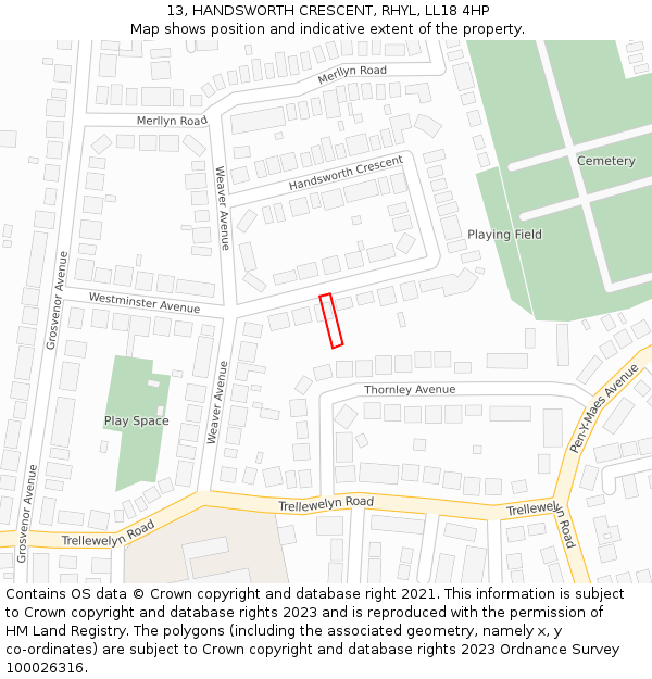 13, HANDSWORTH CRESCENT, RHYL, LL18 4HP: Location map and indicative extent of plot