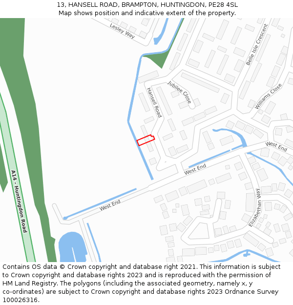 13, HANSELL ROAD, BRAMPTON, HUNTINGDON, PE28 4SL: Location map and indicative extent of plot