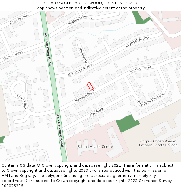 13, HARRISON ROAD, FULWOOD, PRESTON, PR2 9QH: Location map and indicative extent of plot