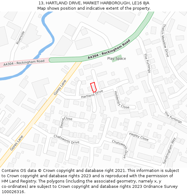 13, HARTLAND DRIVE, MARKET HARBOROUGH, LE16 8JA: Location map and indicative extent of plot