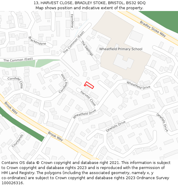 13, HARVEST CLOSE, BRADLEY STOKE, BRISTOL, BS32 9DQ: Location map and indicative extent of plot