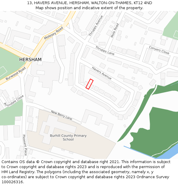 13, HAVERS AVENUE, HERSHAM, WALTON-ON-THAMES, KT12 4ND: Location map and indicative extent of plot