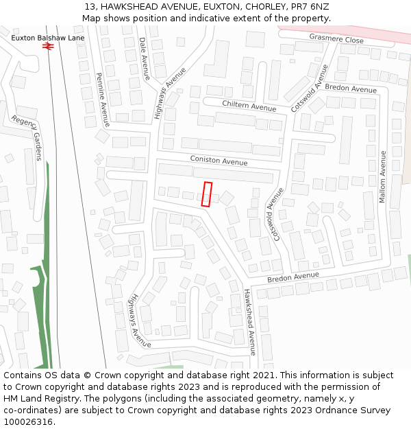 13, HAWKSHEAD AVENUE, EUXTON, CHORLEY, PR7 6NZ: Location map and indicative extent of plot