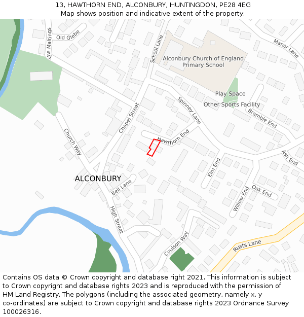 13, HAWTHORN END, ALCONBURY, HUNTINGDON, PE28 4EG: Location map and indicative extent of plot