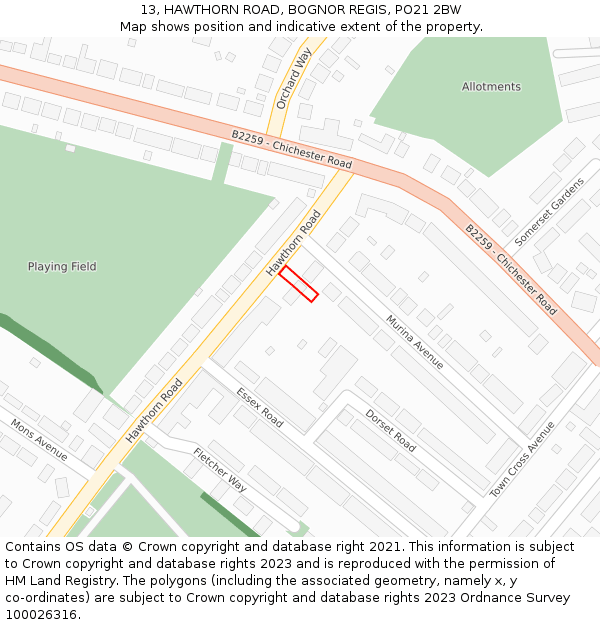 13, HAWTHORN ROAD, BOGNOR REGIS, PO21 2BW: Location map and indicative extent of plot