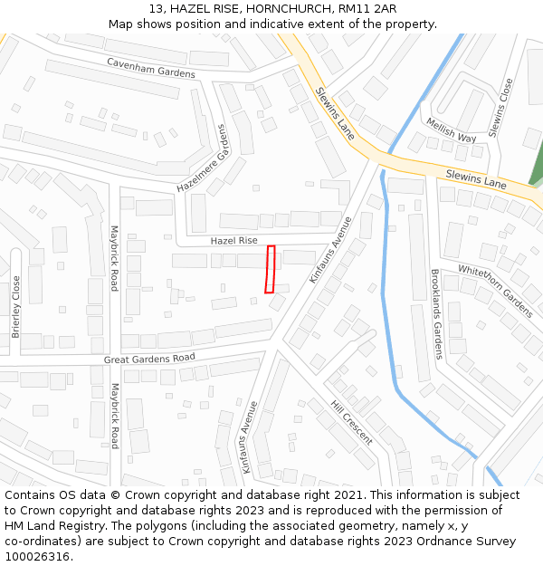 13, HAZEL RISE, HORNCHURCH, RM11 2AR: Location map and indicative extent of plot