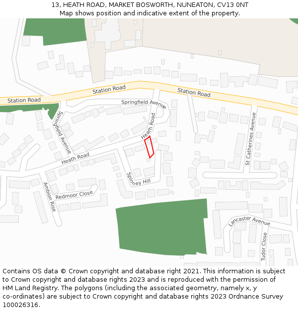 13, HEATH ROAD, MARKET BOSWORTH, NUNEATON, CV13 0NT: Location map and indicative extent of plot