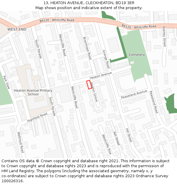 13, HEATON AVENUE, CLECKHEATON, BD19 3ER: Location map and indicative extent of plot