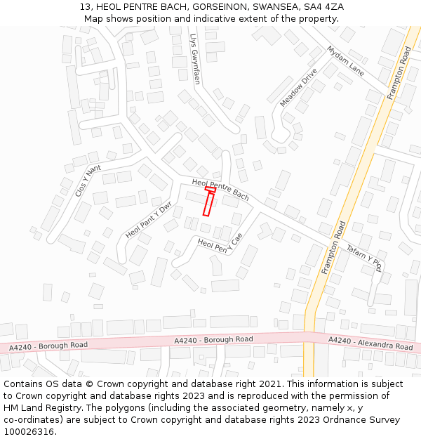 13, HEOL PENTRE BACH, GORSEINON, SWANSEA, SA4 4ZA: Location map and indicative extent of plot