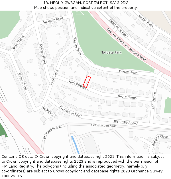 13, HEOL Y GWRGAN, PORT TALBOT, SA13 2DG: Location map and indicative extent of plot