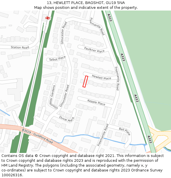 13, HEWLETT PLACE, BAGSHOT, GU19 5NA: Location map and indicative extent of plot