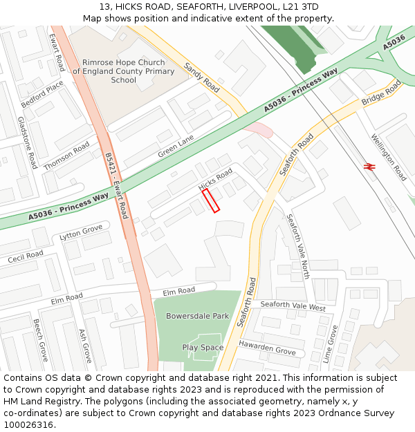 13, HICKS ROAD, SEAFORTH, LIVERPOOL, L21 3TD: Location map and indicative extent of plot