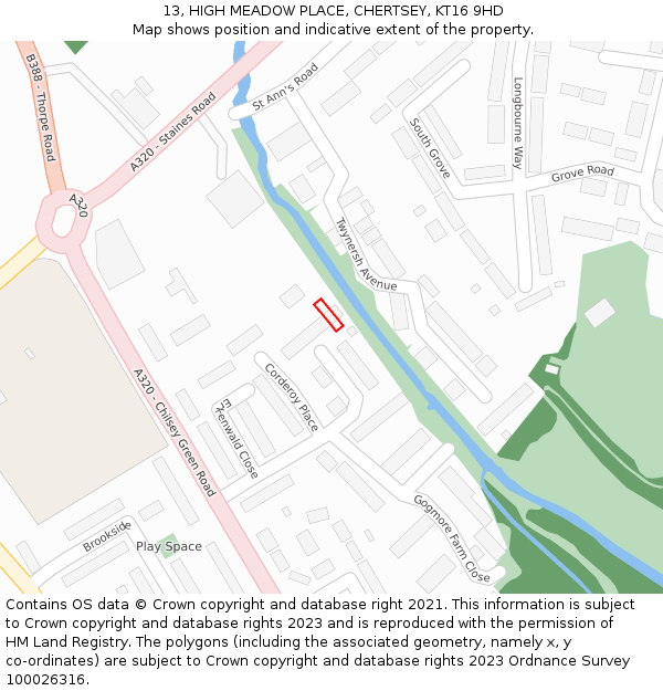 13, HIGH MEADOW PLACE, CHERTSEY, KT16 9HD: Location map and indicative extent of plot