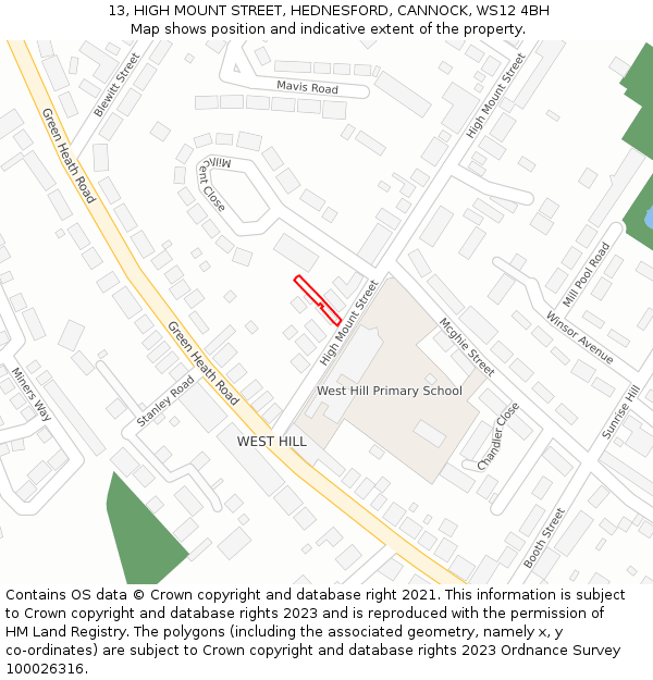 13, HIGH MOUNT STREET, HEDNESFORD, CANNOCK, WS12 4BH: Location map and indicative extent of plot