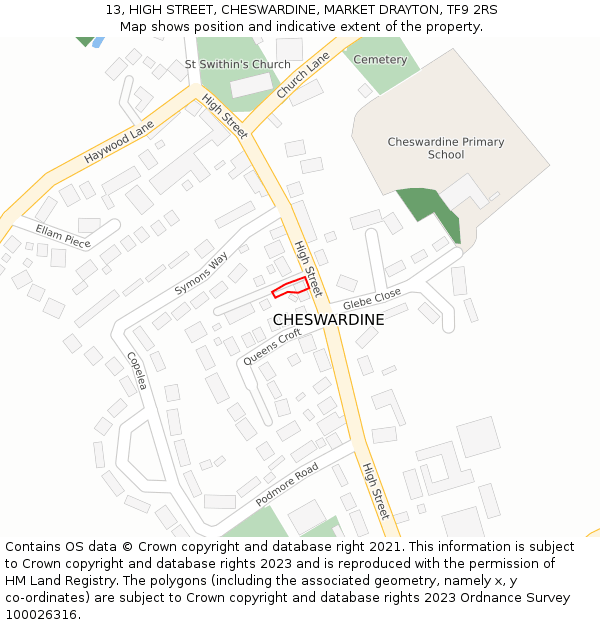 13, HIGH STREET, CHESWARDINE, MARKET DRAYTON, TF9 2RS: Location map and indicative extent of plot