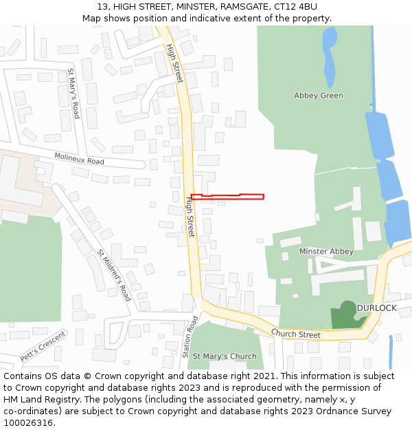 13, HIGH STREET, MINSTER, RAMSGATE, CT12 4BU: Location map and indicative extent of plot