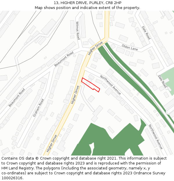 13, HIGHER DRIVE, PURLEY, CR8 2HP: Location map and indicative extent of plot