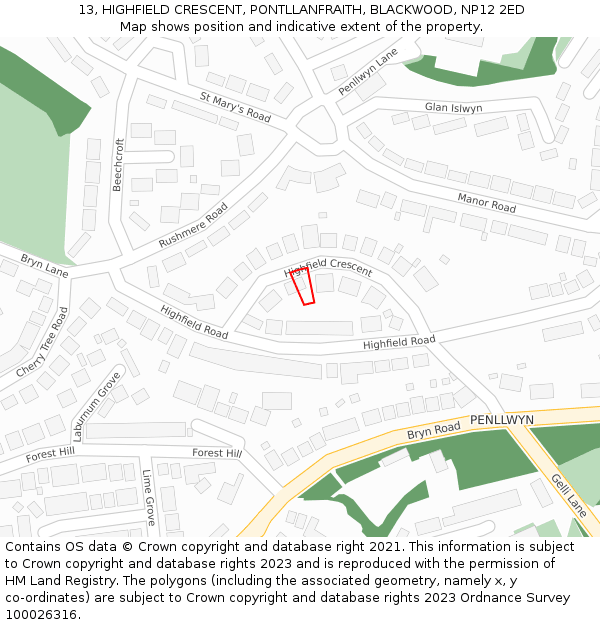 13, HIGHFIELD CRESCENT, PONTLLANFRAITH, BLACKWOOD, NP12 2ED: Location map and indicative extent of plot