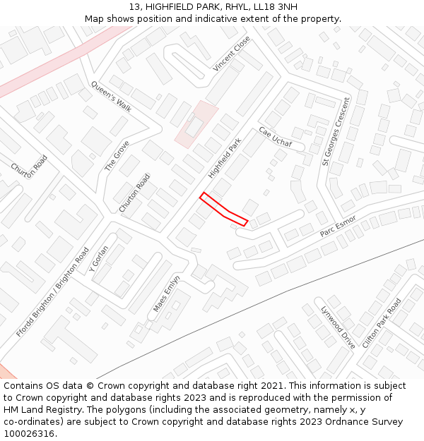 13, HIGHFIELD PARK, RHYL, LL18 3NH: Location map and indicative extent of plot