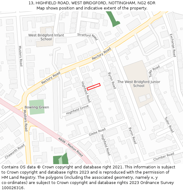 13, HIGHFIELD ROAD, WEST BRIDGFORD, NOTTINGHAM, NG2 6DR: Location map and indicative extent of plot