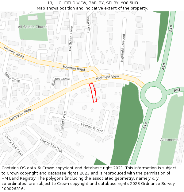 13, HIGHFIELD VIEW, BARLBY, SELBY, YO8 5HB: Location map and indicative extent of plot