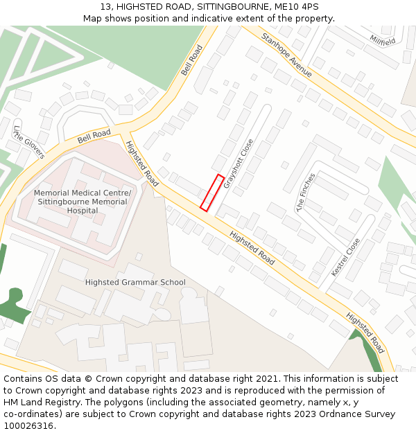 13, HIGHSTED ROAD, SITTINGBOURNE, ME10 4PS: Location map and indicative extent of plot