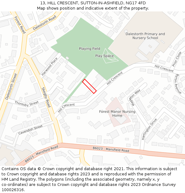 13, HILL CRESCENT, SUTTON-IN-ASHFIELD, NG17 4FD: Location map and indicative extent of plot