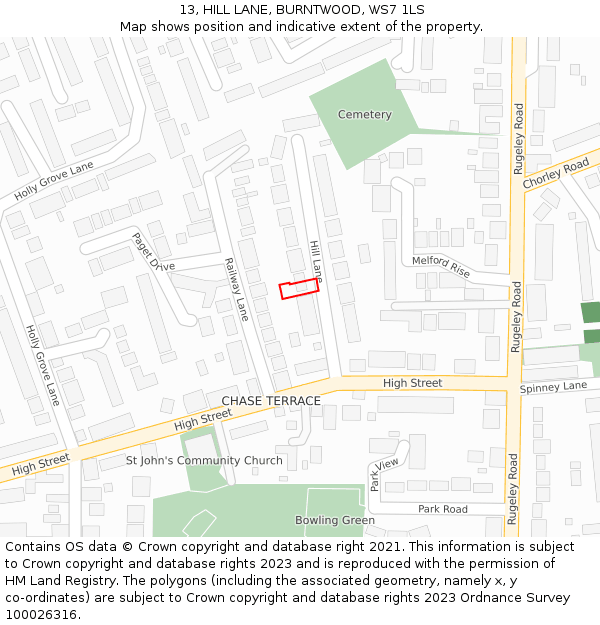 13, HILL LANE, BURNTWOOD, WS7 1LS: Location map and indicative extent of plot