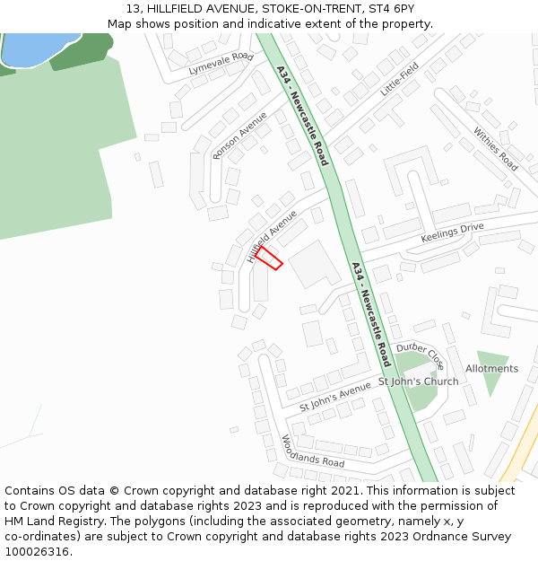13, HILLFIELD AVENUE, STOKE-ON-TRENT, ST4 6PY: Location map and indicative extent of plot