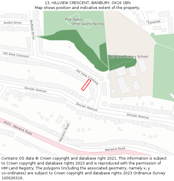 13, HILLVIEW CRESCENT, BANBURY, OX16 1BN: Location map and indicative extent of plot