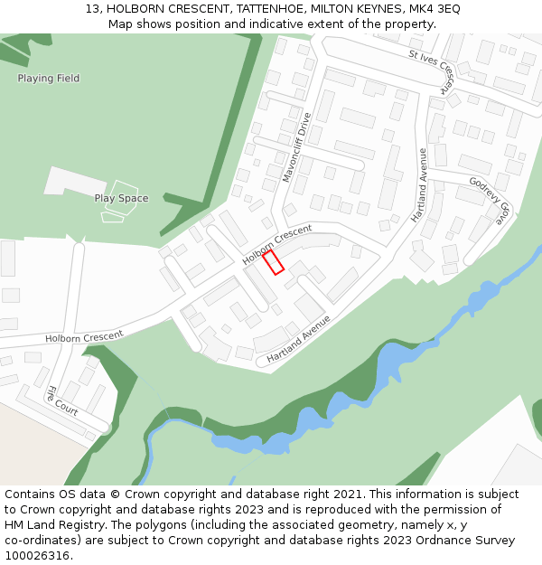 13, HOLBORN CRESCENT, TATTENHOE, MILTON KEYNES, MK4 3EQ: Location map and indicative extent of plot