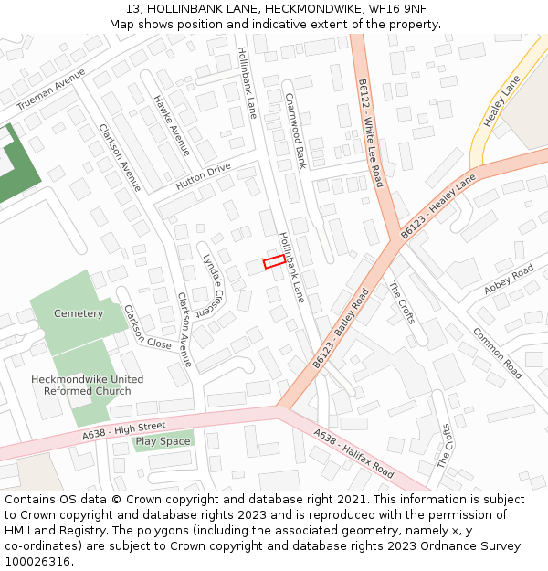 13, HOLLINBANK LANE, HECKMONDWIKE, WF16 9NF: Location map and indicative extent of plot
