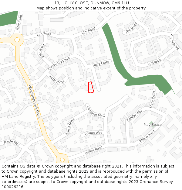 13, HOLLY CLOSE, DUNMOW, CM6 1LU: Location map and indicative extent of plot