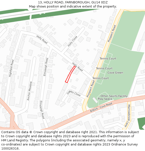 13, HOLLY ROAD, FARNBOROUGH, GU14 0DZ: Location map and indicative extent of plot