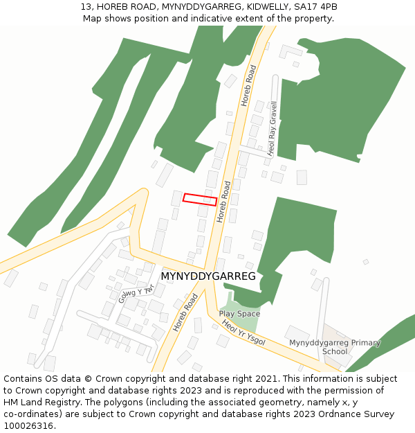 13, HOREB ROAD, MYNYDDYGARREG, KIDWELLY, SA17 4PB: Location map and indicative extent of plot