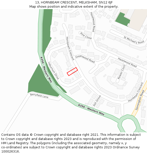 13, HORNBEAM CRESCENT, MELKSHAM, SN12 6JF: Location map and indicative extent of plot