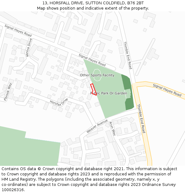 13, HORSFALL DRIVE, SUTTON COLDFIELD, B76 2BT: Location map and indicative extent of plot
