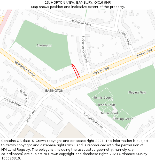 13, HORTON VIEW, BANBURY, OX16 9HR: Location map and indicative extent of plot